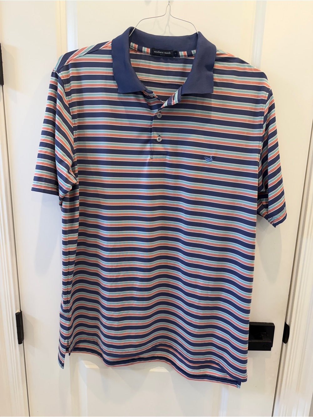 Southern Marsh Navy Multi-Stripe Polo with Coral and Sky Accents
